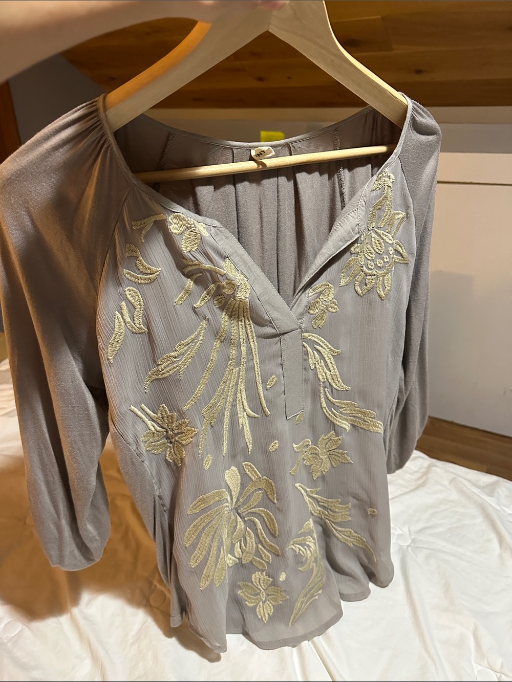 Women's Taupe Embroidered V-Neck Tunic